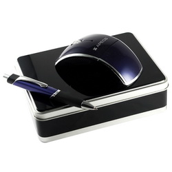 Подарочный набор: оптическая беспроводная мышь и ручка в подарочной коробке с ложементом, пластик, металл