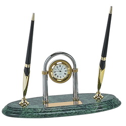 Настольный набор "Атриум" с часами и 2-мя ручками на мраморной подставке в комплекте с шильдиком под гравировку, металл, мрамор