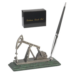 Подставка под визитки с макетом нефтяной качалки и ручкой, мраморная крошка, металл