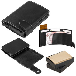 Портмоне с отделением для банкнот и карманом для хранения карточек с выдвижным механизмом и RFID-защитой, металл, искусственная кожа