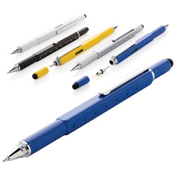Многофункциональная ручка 5-в-1: линейка 7см, спиртовой уровень, отвертка, стилус, синяя шариковая ручка, латунь, алюминий