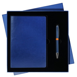 Подарочный набор "Modern" из 2х предметов: недатированный ежедневник Portobello Trend River Side, синяя обложка, оранжевый форзац, арт. 48361319 и ручка "Сontrast blue" с оранжевой отделкой , арт. 33329713 в синей картонной коробке с ложеме
