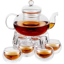 Набор чайный с двойными стенками на 4 персоны: чайник, 600мл, 4 чашки по 50мл, подставка с местом для чайной свечи, боросиликатное стекло