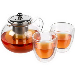 Чайный набор на 2 персоны: чайник, 1л и 2 стакана с двойными стенками по 200 мл, боросиликатное стекло, в индивидуальной упаковке