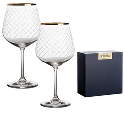Набор из 2 бокалов для вина по 600 мл с декорацией и золотой обводкой, выдувное хрустальное стекло, в подарочной коробке, Чехия