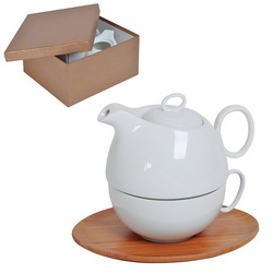 Набор чайный: чайник, 500 мл, и чайная пара: чашка, 300 мл, фарфор, и бамбуковая подставка, в подарочной коробке