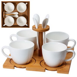 Чайный набор на 4 персоны "Миранда": чашки по 200 мл с ложками и костерами, на общей подставке, в подарочной упаковке, фарфор, бамбук