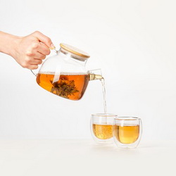 Чайный набор на 2 персоны, чайник стеклянный с бамбуковой крышкой 800мл, чашки из стекла, 150 мл, с двойными стенками