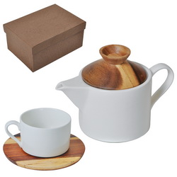 Чайный набор: чайник, 600 мл, и чайная пара, 200 мл, фарфор, дерево, в подарочной коробке