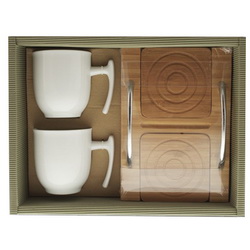 Чайный набор "Утро", 2 чашки, поднос, керамика, дерево, металл