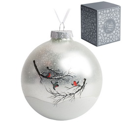Шар елочный "Снегири", серебристый, стекло, ручная роспись, в подарочной коробке