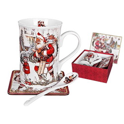 Новогодний чайный набор "Дед Мороз с подарками" в подарочной коробке: кружка, ложка, подставка, фарфор