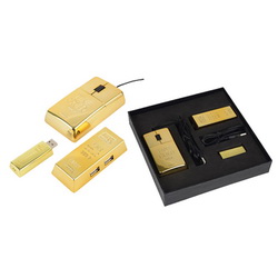 Набор компьютерных аксессуаров "Золотые слитки" : оптическая мышка, USB Hub на 4 порта, флеш-карта 4Gb, переходник, металл, пластик