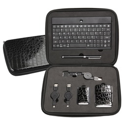 Набор компьютерных аксессуаров: беспроводная клавиатура, ручка-стилус, оптическая мышка, USB Hub на 3 порта. кабели, кожзам, пластик