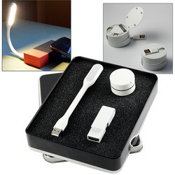 Подарочный набор: USB переходник, мини USB-лампа на гибком проводе, флеш-карта 8 ГБ в подарочном футляре, металл, пластик